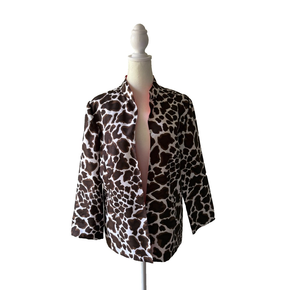 Chico's Open Front Jacket Women Size 1 Brown Giraffe Print Statement Bold Chic